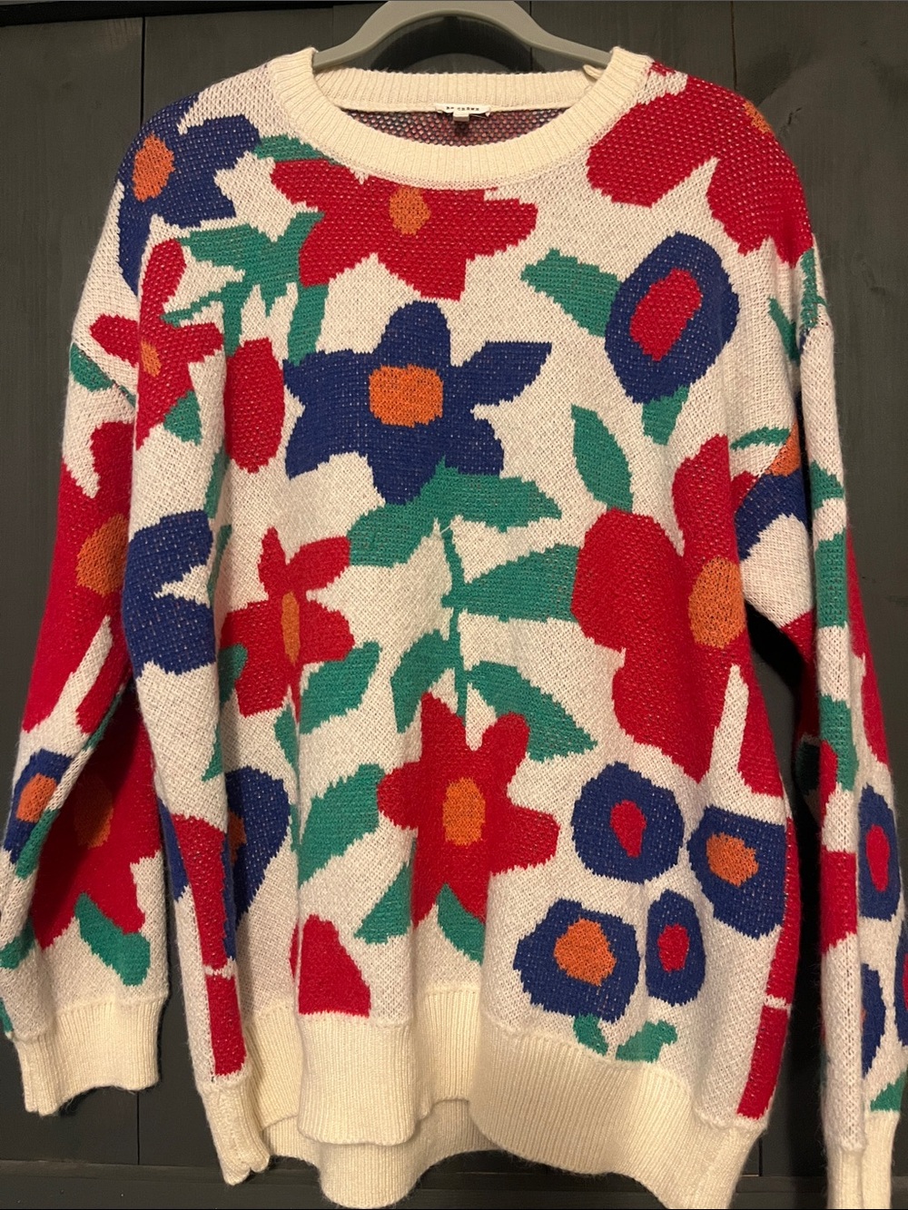 En Creme Cream Knit Sweater with Red, Blue, Green & Orange Floral Print